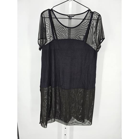 Vintage 1990s Y2K Cha Cha Vente Womens Sz L Black Mesh Tunic Top Short Sleeve - Picture 1 of 4